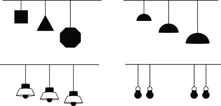 "Minimalist Pendant Ceiling Light and Geometric Shape Silhouette Set &mdash; Modern Interior Lamp, Home Decor and Lighting Design Concept Illustration"