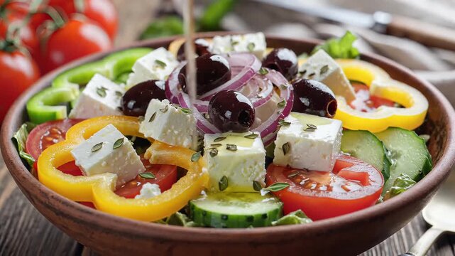 Fresh Greek Salad with Feta Cheese and Olives Being Dressed.