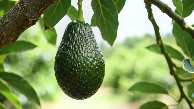 Ripe Avocado Hanging on a Tree Branch with Green Leaves.
