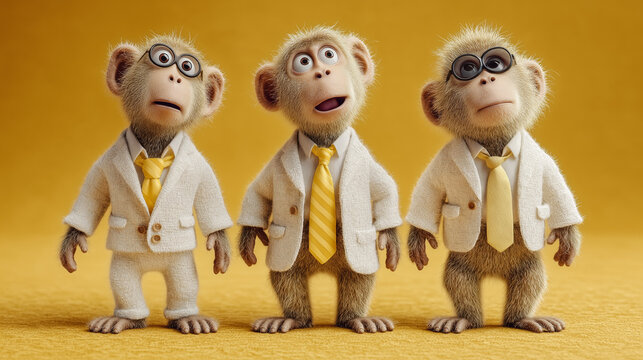 Three scholarly monkeys wearing white suits and yellow ties on a vibrant yellow stage