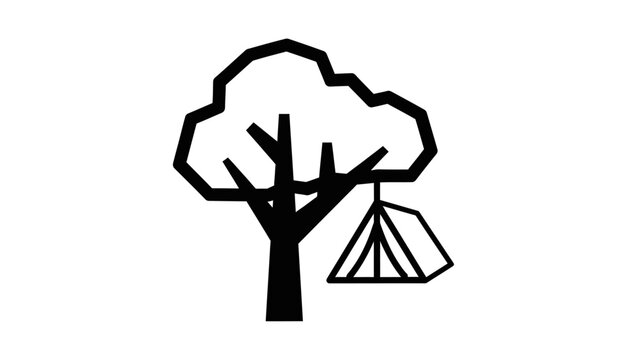 Minimalist black and white icon of a tree with a hanging tent for outdoor adventure, camping, nature, and glamping