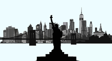 Obraz premium New York skyline silhouette with Statue of Liberty foreground