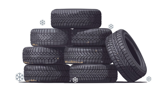 Stack of used winter tires with snowflakes, vector illustration on white background