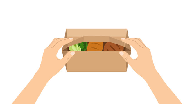 Hands unboxing a cardboard food package with fresh ingredients. First person view illustration