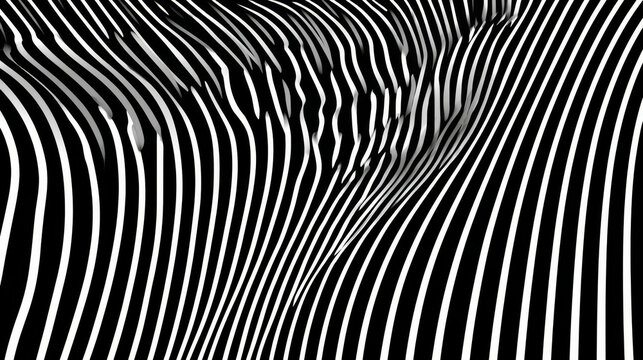 Black and white abstract warped stripes pattern, dynamic flowing vector lines creating modern optical background