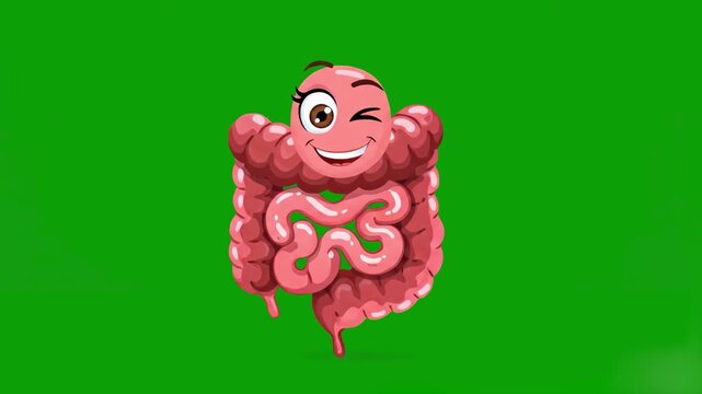 A humorous 2D animation featuring a stylized pink human intestine character with a smiling face winking. Isolated on a green screen, this asset is ideal for medical explanations or health awareness co