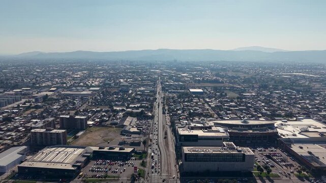 TALCA, CHILE - MARCH 27, 2026: High angle view of urban development and retail areas in the heart of central Chile.