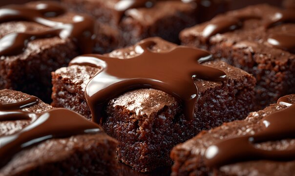 Melted chocolate flow over warm brownie squares clean professional stock photo sharp macro photography style cinematic realism ultra photorealistic no text no watermark