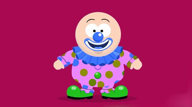 A cheerful 2D animated clown in a purple polka-dot suit dancing joyfully against a solid pink backdrop. This fun loop is perfect for children's party invitations and circus-themed media.