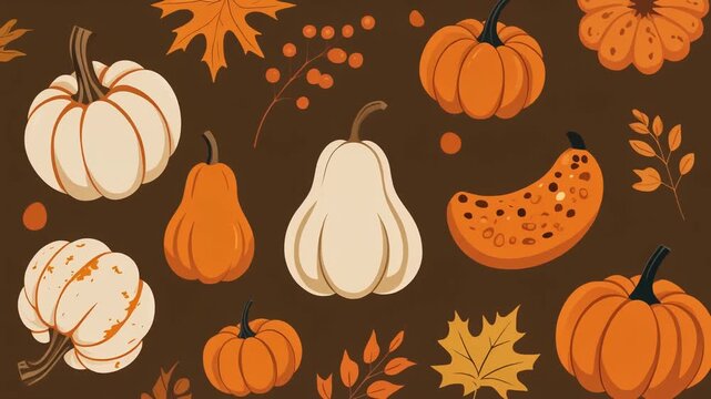 A vibrant digital illustration of various pumpkins and gourds in shades of orange and white scattered with autumn leaves on a rich brown background in a whimsical flat art style for fall and