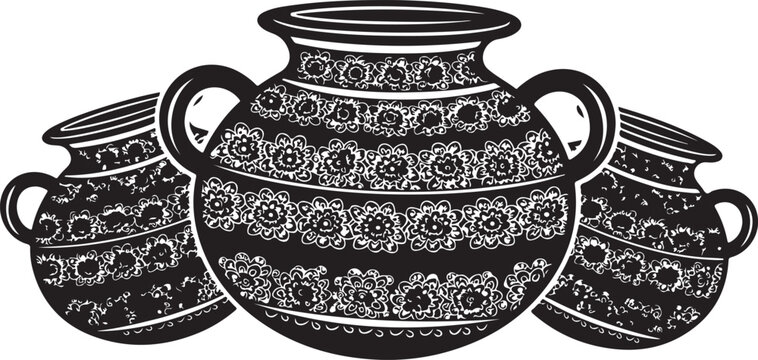 Three black and white ceramic pots with floral patterns and handles