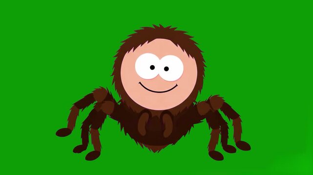 A playful 2D flat animation of a friendly brown spider character with big eyes standing and smiling. The character is isolated on a chroma key green background for easy integration into children's con