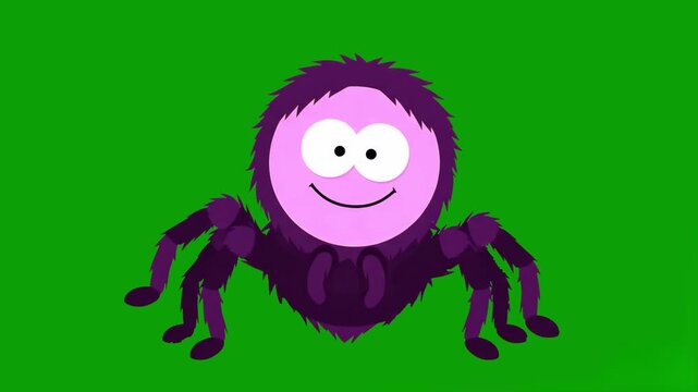 A friendly 2D animated cartoon spider monster with dark purple legs and a pink face dances joyfully. The loopable vector creature asset is isolated against a solid green screen backdrop.