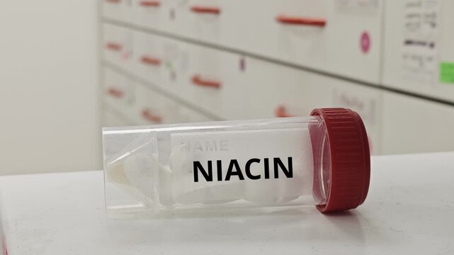 NIACIN tablets used to treat vitamin B3 deficiency and improve lipid profile a nicotinic acid in plastic box