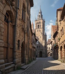 Fototapeta premium Ancient stone buildings with wooden facades under Dom Tower, medieval, narrow streets
