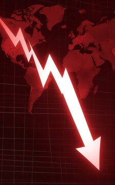 Red downward arrow over world map symbolizing global decline or