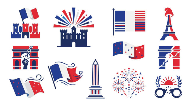 Collection of French national symbols and landmarks, including flags, the Eiffel Tower, Arc de Triomphe, Bastille, and fireworks, celebrating French culture and patriotism.