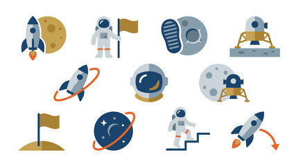 Collection of flat design icons representing space exploration, including rockets, astronauts, planets, and lunar modules. © tr