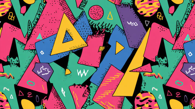 Colorful 90s retro geometric seamless pattern with zigzag lines and triangles, trendy flat cartoon style nostalgic 80s inspired background for wallpaper or textile print
