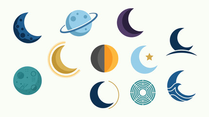 Fototapeta premium Collection of stylized crescent moon icons and celestial bodies, including planets and abstract lunar phases, in various colors and designs.