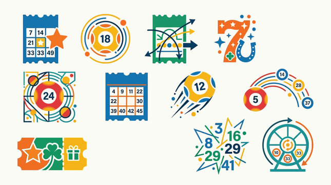 Collection of colorful flat design icons representing various lottery and bingo game elements, including tickets, balls, and lucky numbers.
