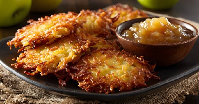 Golden brown latkes served a side of apple sauce clean professional stock photo sharp macro photography style cinematic realism ultra photorealistic no text no watermark