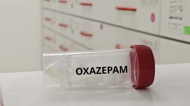 OXAZEPAM tablets used to treat anxiety and tension a benzodiazepine tranquilizer in plastic box