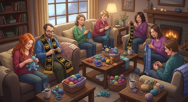 Knitting and crochet enthusiasts bonding in a warm living room, illustrating the vibrant spirit of Fandom & Community through shared creative passions