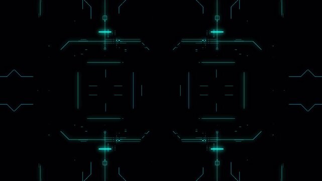 Futuristic modular HUD interface with glowing blue elements and symmetrical layout, sci fi technology background, digital system grid, cyber UI design with clean copy space