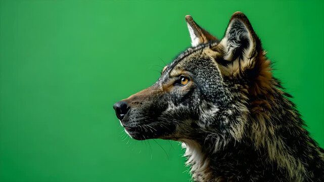 A profile of a wolf's head and neck set against a vibrant green backdrop