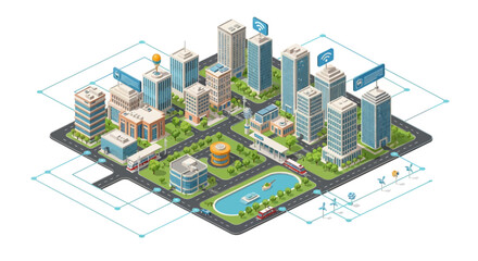 Obraz premium Isometric illustration displaying a connected smart city with modular buildings, roads, EV charging stations, and traffic patterns, presented in a 3D vector design that shows urban