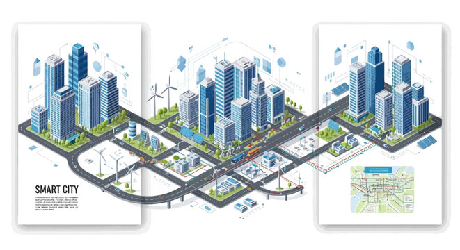 An isometric illustration depicts a smart city with connected city infrastructure and urban technology map showing modular buildings, roads, EV charging stations, and traffic in a clean