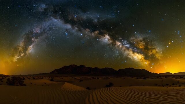 A vast desert landscape stretches beneath a vibrant Milky Way, stars glimmer above dunes