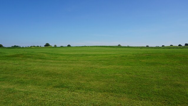 Wide open grassy landscape with clear blue sky and horizon, minimal natural background with large copy space for design or advertising use