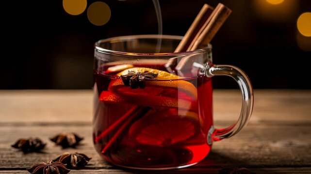 Warm mulled wine with cinnamon sticks and orange slices in a glass mug on rustic wooden table