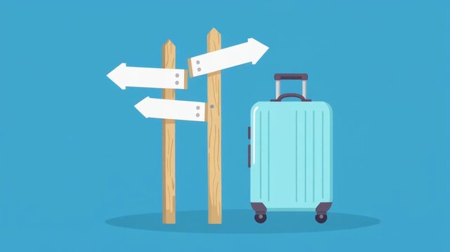 A minimalist turquoise suitcase with black wheels and handle beside two wooden signposts pointing in opposite directions on a blue background in a modern flat design style for travel and dir