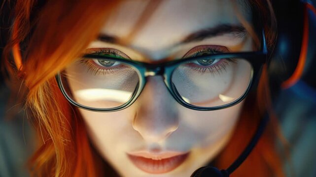 Focused Gaze: An eye-level shot captures a young woman intently focused. She wears eyeglasses and a headset, hinting at professional engagement or immersive activity, drawing viewers into her world.