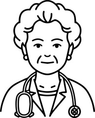 Obraz premium Hand Drawn Elderly Female Doctor Black and White Illustration in Minimal Line Art Style Design