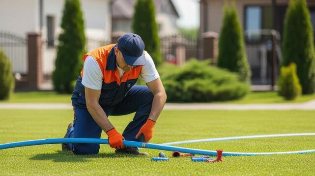 Gardener at Work: A diligent gardener meticulously connects a water hose on a vibrant green lawn, embodying the essence of suburban care and horticultural expertise.