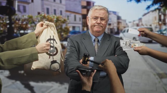 Man in suit with crossed arms as hands offer cash and hold a money bag and handcuffs on a street; corruption guilt.