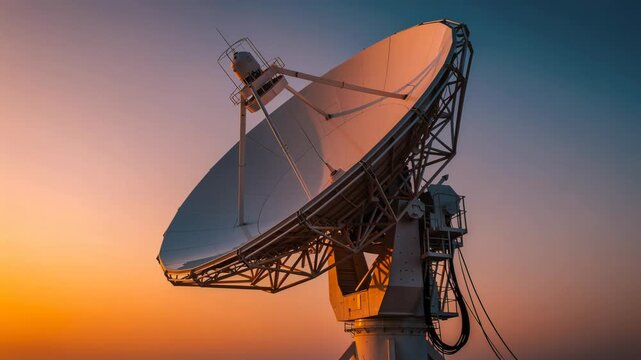 Large satellite communication dish antenna at sunset with vibrant orange and blue sky