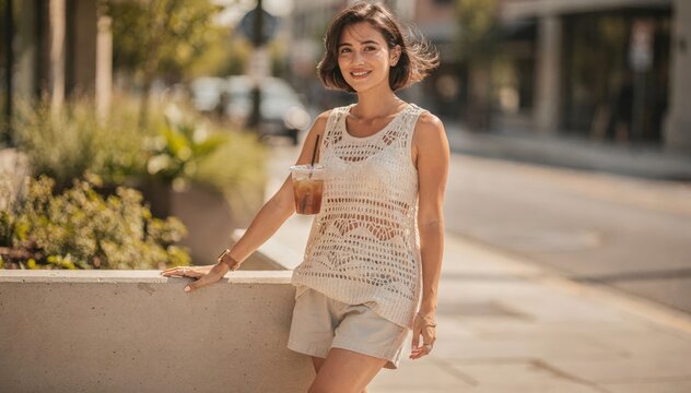 Casual scene of a person in a sleeveless openstructure knit top highlighting the practicality and coolness of summer wear designed for maximum ventilation.
