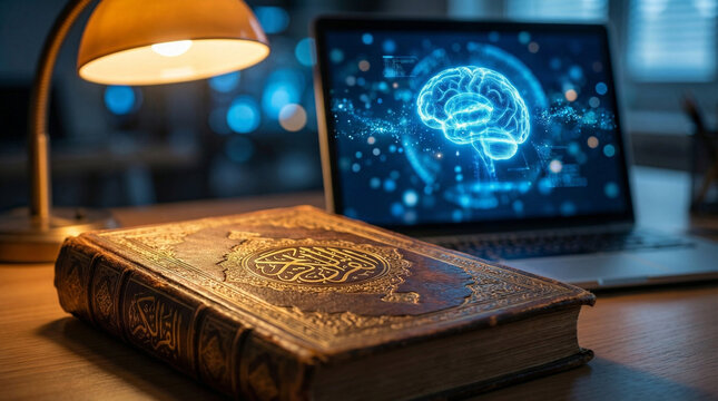 Close-up of an antique Arabic book and a blurred laptop showing a glowing digital AI brain.