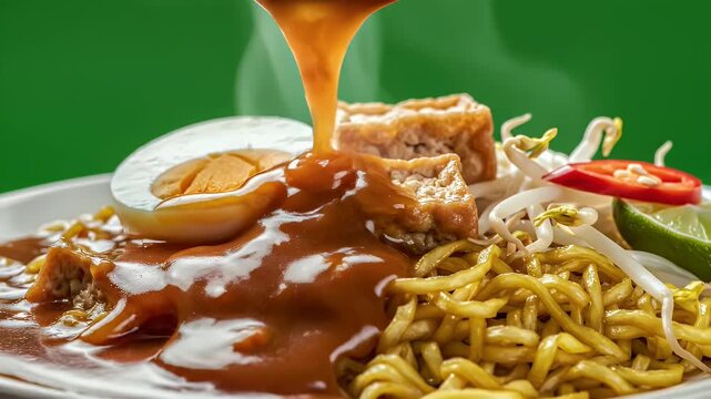 Close Up Of A Delicious Bowl Of Mee Rebus Noodles Being Drizzled With Peanut Sauce With Egg Tofu Bean Sprouts And Chili On A White Plate With A Blurred Green Background
