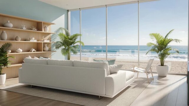 Modern living room interior with ocean view large windows and cozy white sofa near tropical plants