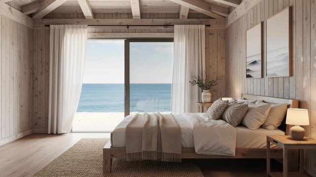 Cozy beachside bedroom with wooden decor and ocean view for relaxing coastal living and vacation stay
