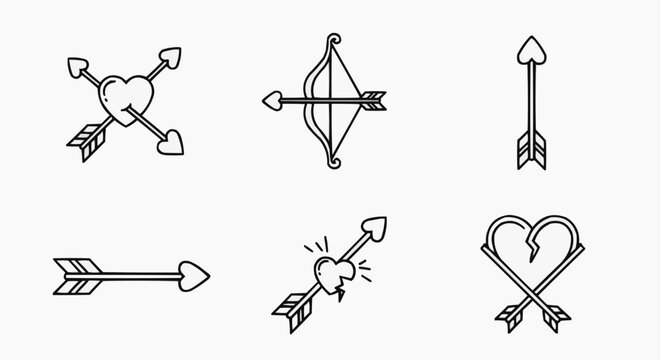 Set of illustrated love themed elements and symbols with hearts and arrows design