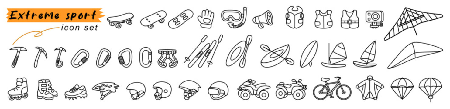 Extreme sport icon set showcases dynamic collection of thrilling adventure activities. Each silhouette evokes an active energetic lifestyle inspiring sense of exciting challenge