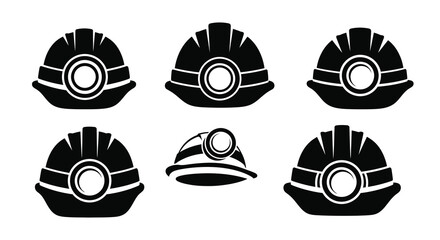 Six black mining helmets displayed in a graphic striking silhouette © FARABI