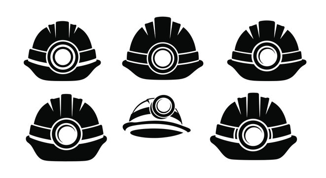 Six black mining helmets displayed in a graphic striking silhouette